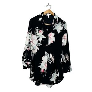 Leith Nordstrom Womens Floral Print Textured Gauze Button‎ Front Tunic Blouse S